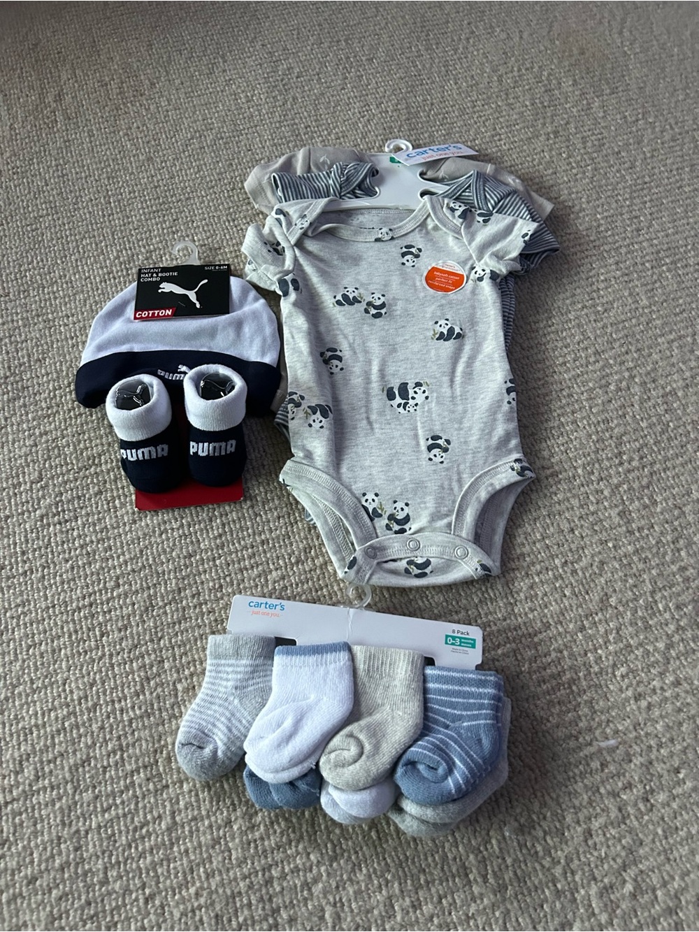 Carter's Gray Panda Print Short-Sleeve Baby Bodysuit with Neutral Sock Set